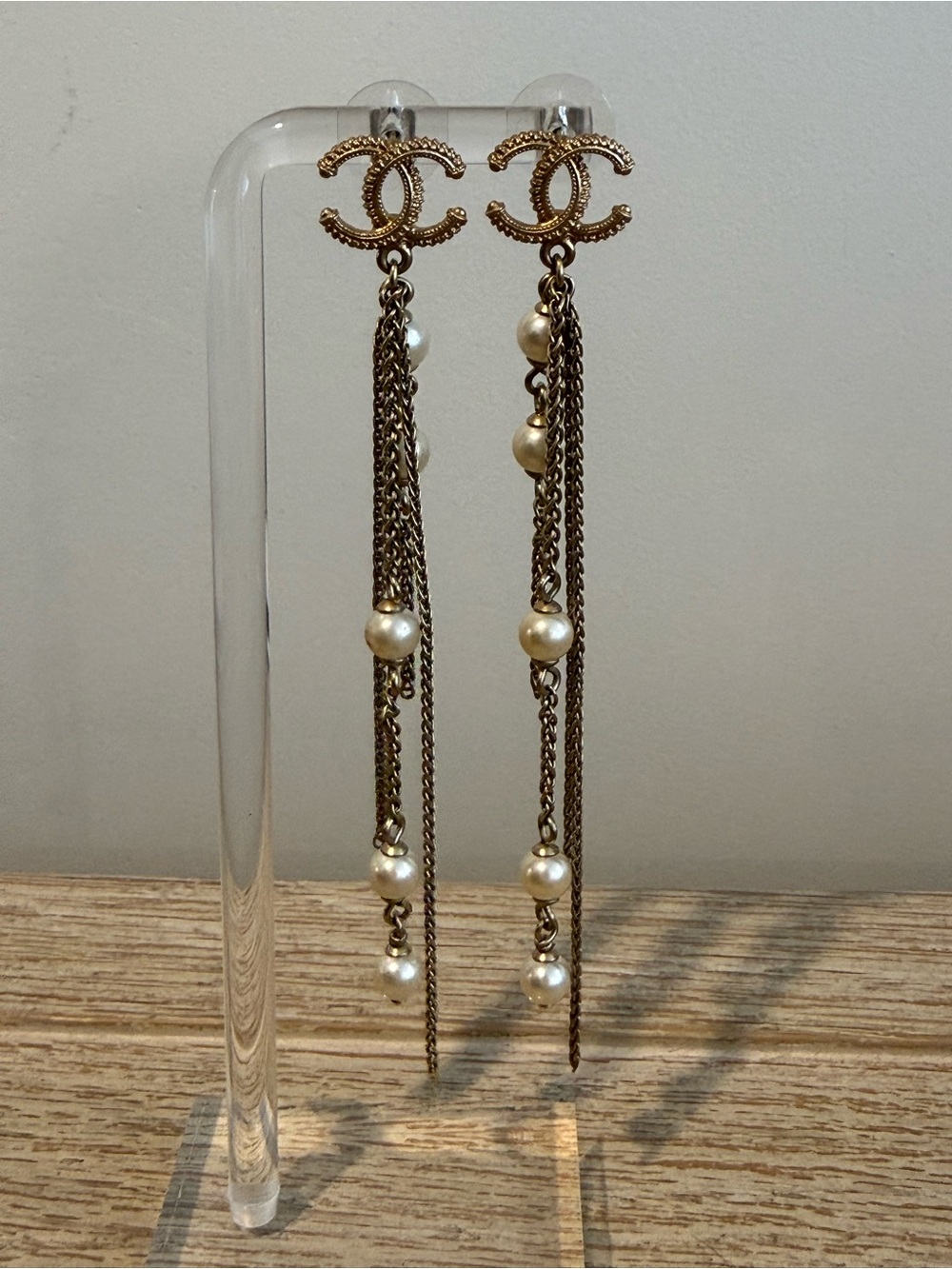 Authentic CHANEL Gold and Ivory Pearl Chain Drop CC Earrings